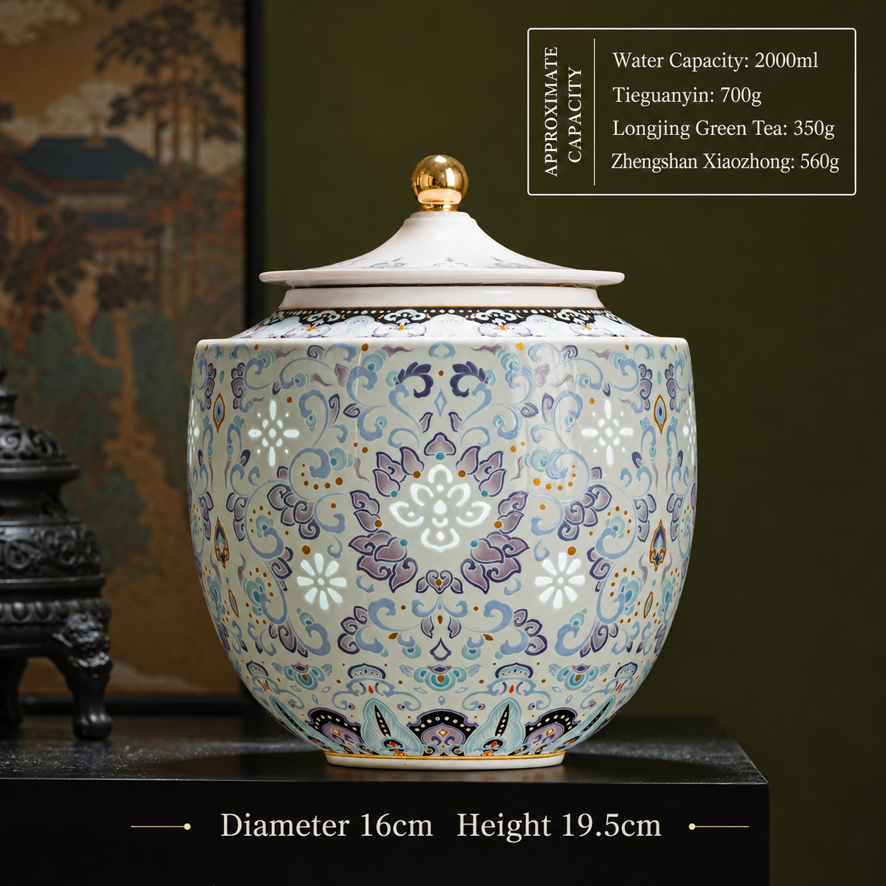 Exquisite Enamel‑Decorated Ceramic Tea Canister (Small size: 750 ml, Large size: 2000 ml)
