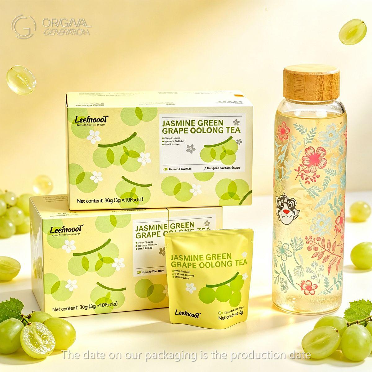 BOGO Jasmine Green Grape Oolong 2 Cartons 30g(3g x 10pcs)Tea Oolong Tea Jasmine Buds Greengrape 0 Fat 0 Sucrose With Color Changing Water Bottle 500ml/17oz