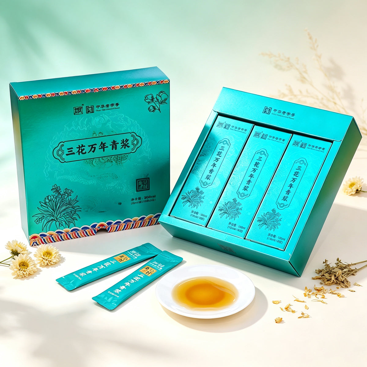 Three-Flower & Ginseng Beauty Tonic – Soothes Stress, Promotes Radiant Skin & Healthy Aging, Floral Herbal Extract （300ml）(10ml*10pcs*3boxes)