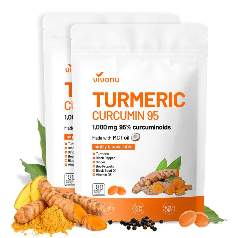BOGO VivoNu TURMERIC CURCUMIN 95 Softgels: 1000mg 95% Curcuminoids | Provides Antioxidant Protection, Anti-Inflammatory & Supports Immune Function (180 Softgels per Bag) mothersdaygift
