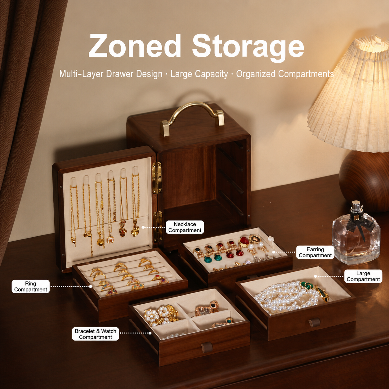 Oriental‑Style Solid Wood Jewelry Storage Box （Built‑in lock included, comes with gift box）