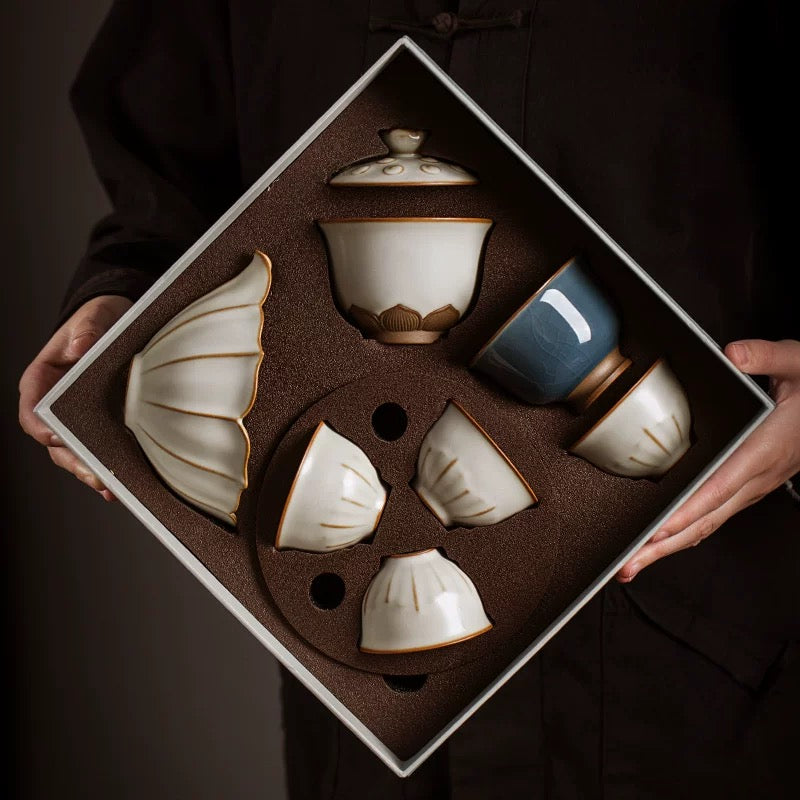 Moonlight White Ru Kiln Tea Set  Premium Luxury Gongfu Tea Ceremony Set Includes Teapot  Lidded Bowl and Cups for Home Office or Guest Use