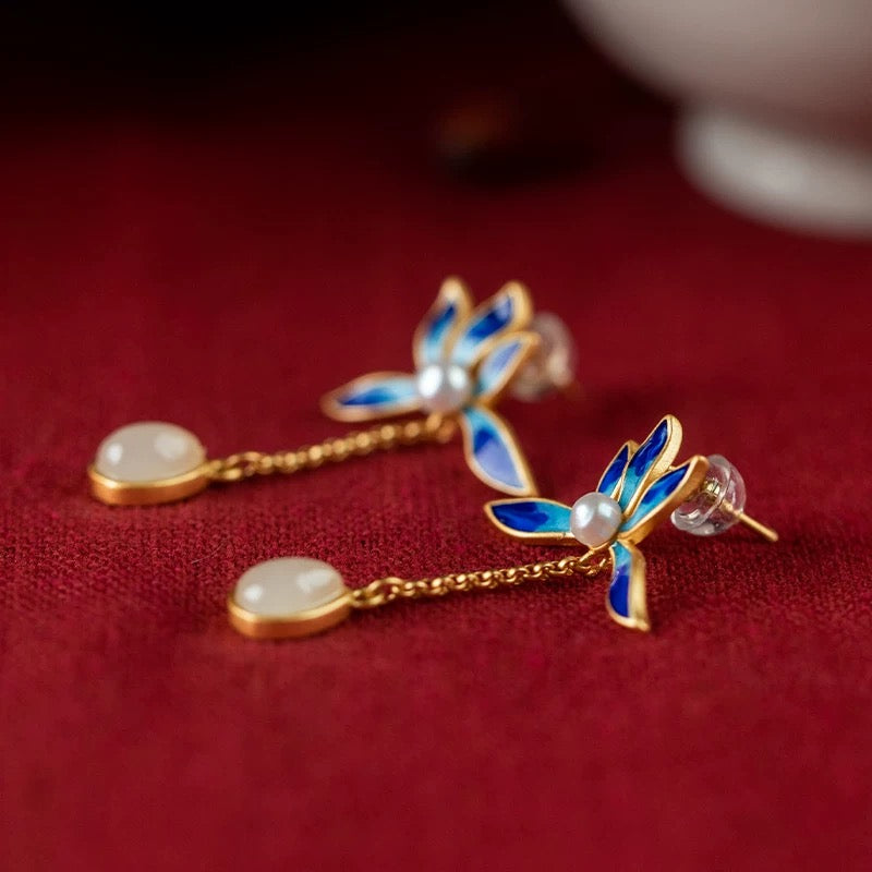 Simulated Hetian Jade Tassel Earrings S925 Sterling Silver Lotus Court Style Drop Earrings