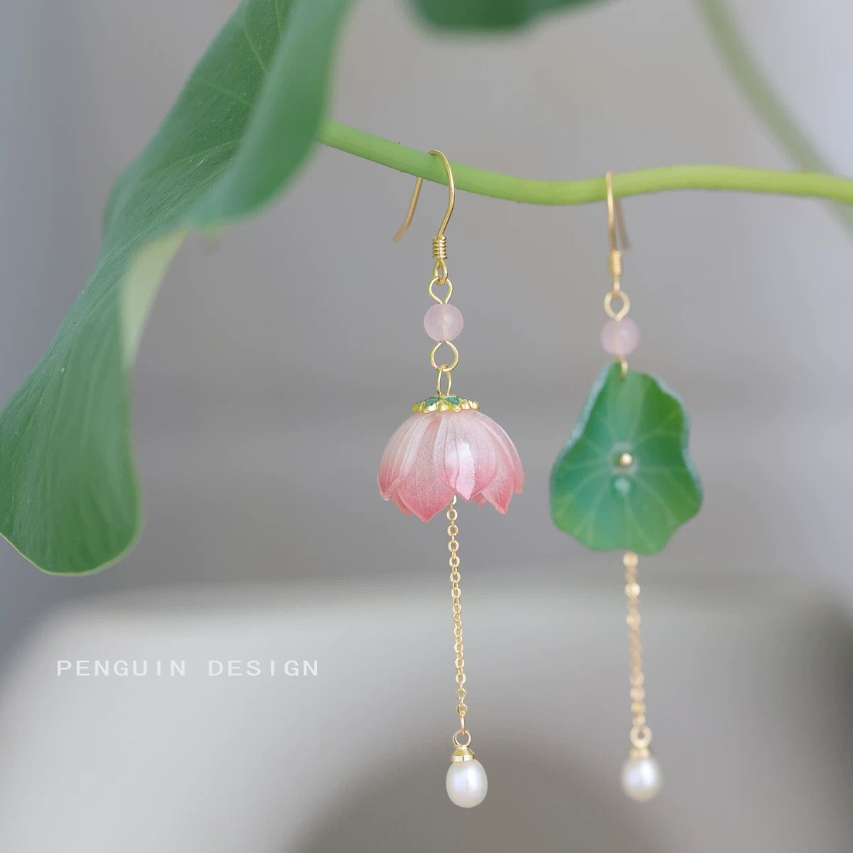Original Lotus and Lotus Leaf Drop Earrings Fresh and Elegant Chinese Style Jewelry