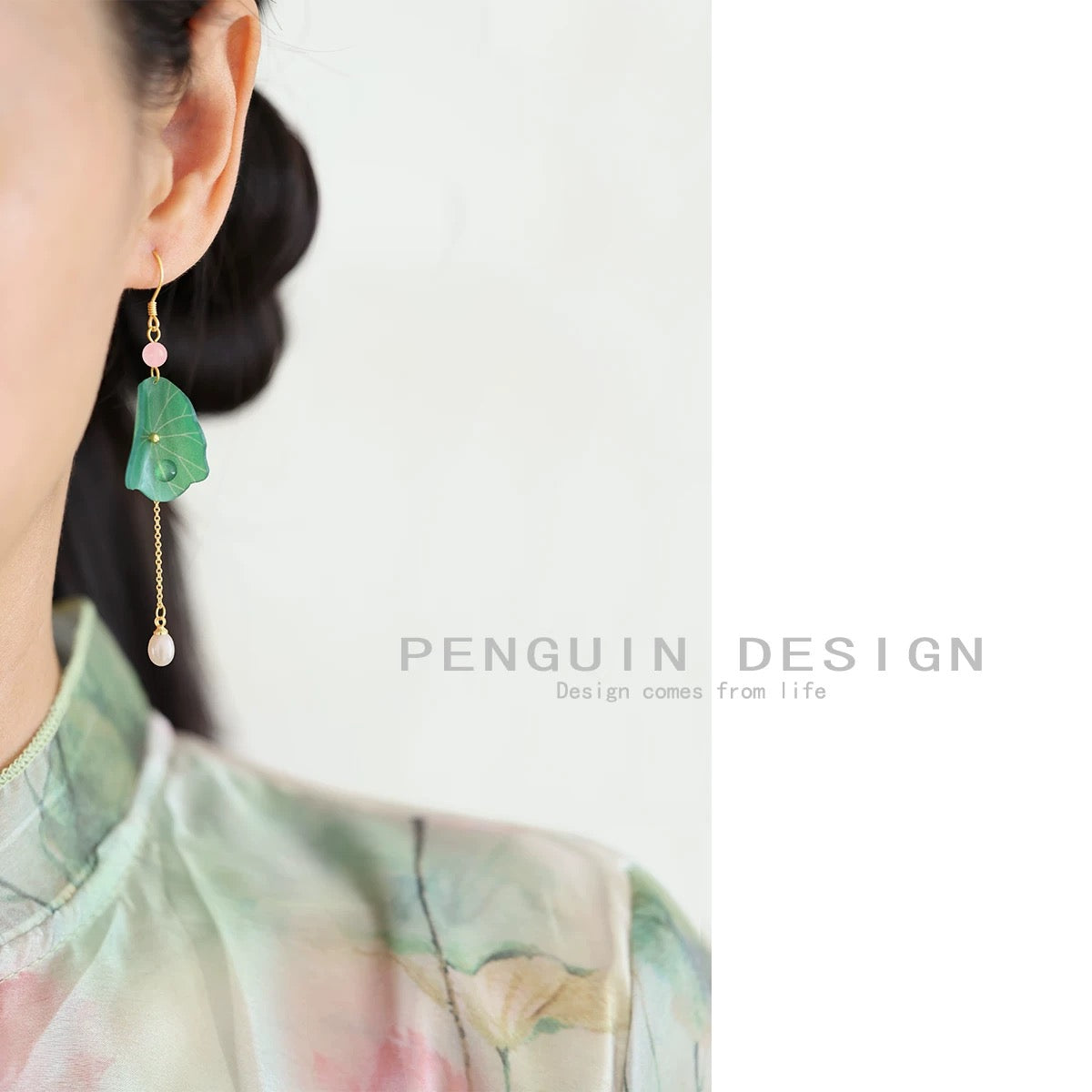 Original Lotus and Lotus Leaf Drop Earrings Fresh and Elegant Chinese Style Jewelry
