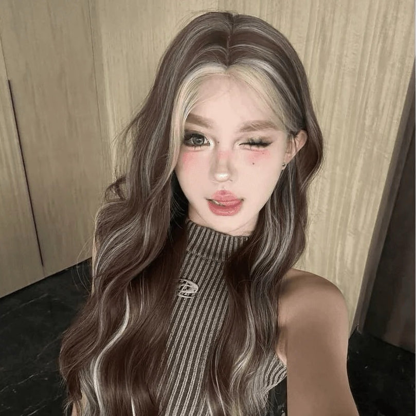 Ash-Gold Highlighted Long Curly Wig