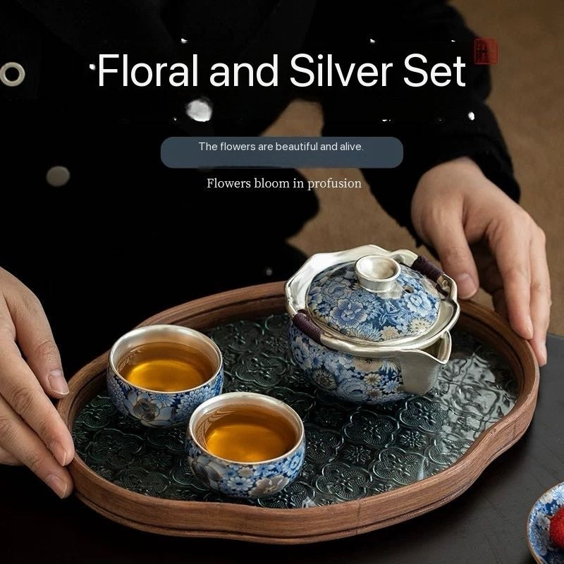 Exquisite Floral Silver-Plated Handheld Tea Set 110ml+200ml