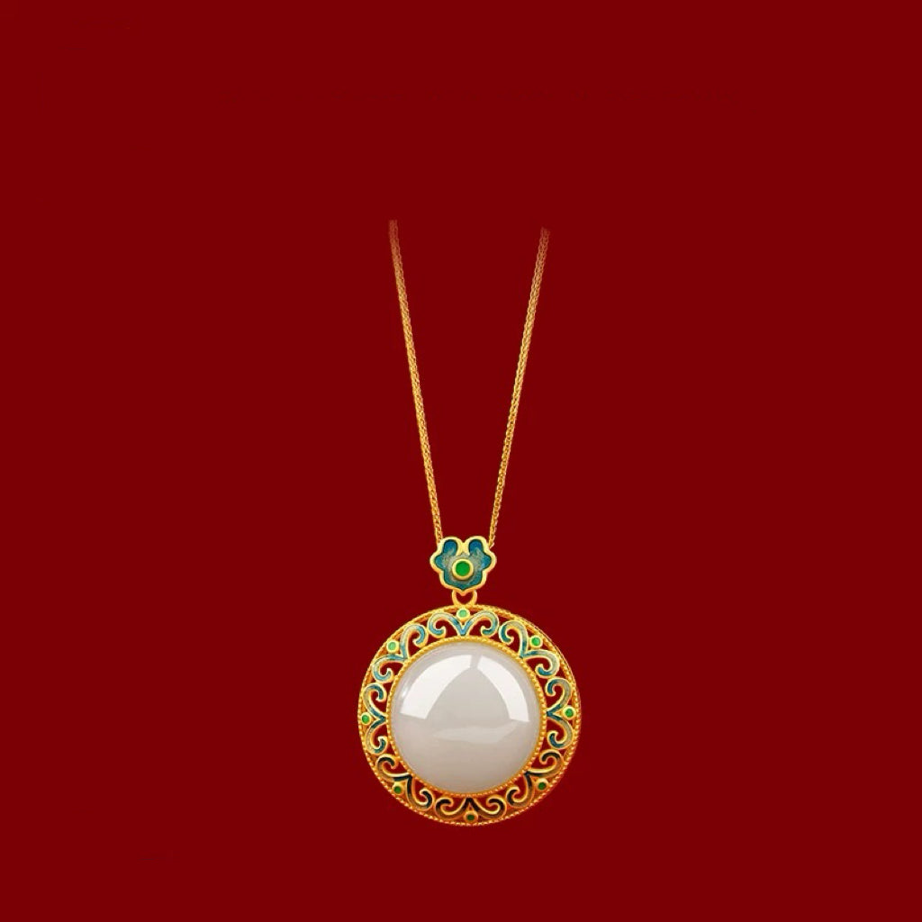 Natural Hetian Jade Round Drum Face Blessing and Longevity Enamel Pendant