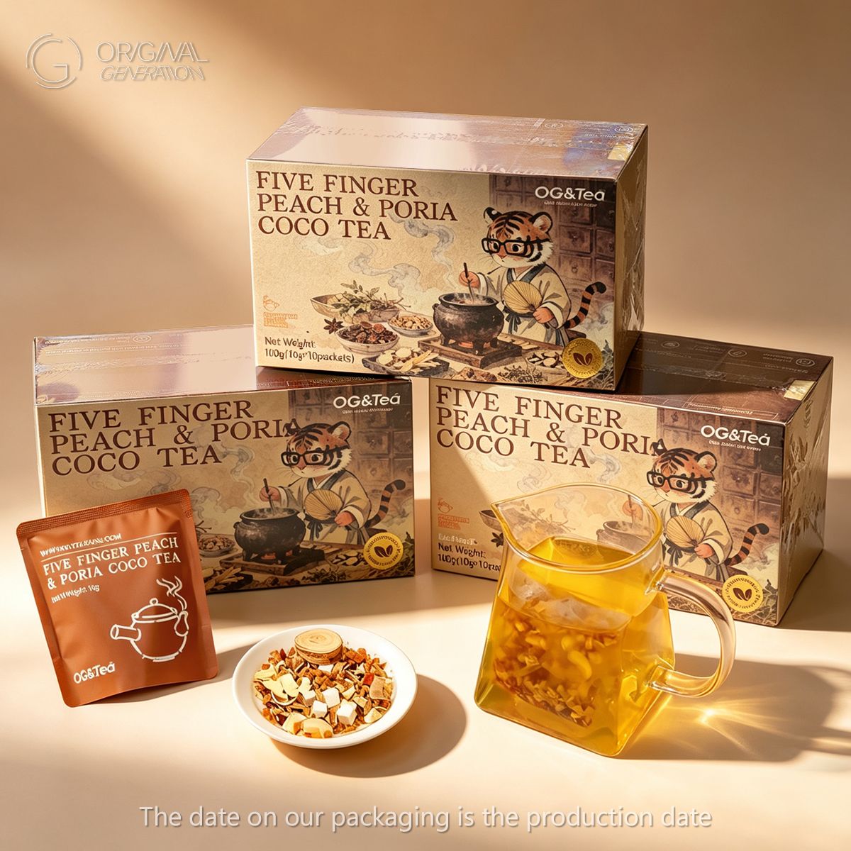 BOGO Anti Inflammation Tea  With Free Pressure Thermos Five Fingered Peach And Pu'er Poria Coco Tea 2Cartons  (100g 10g×10packs) Caffeine Free Tea