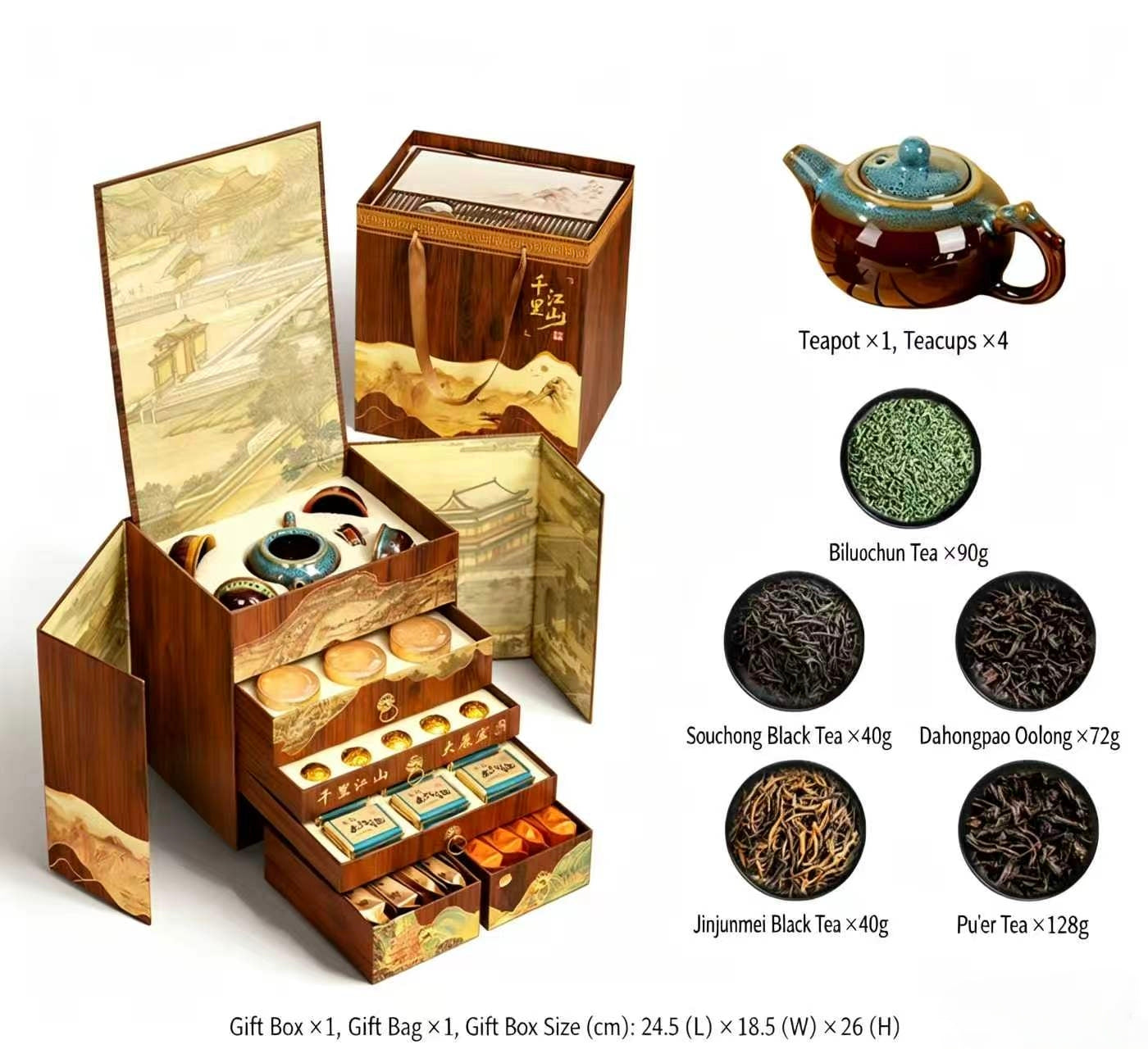 Thousand‑Li Rivers and Mountains 5‑Variant Tea Gift Box（Biluochun, Souchong Black Tea, Da Hong Pao, Jin Jun Mei, Pu'er Tea）
