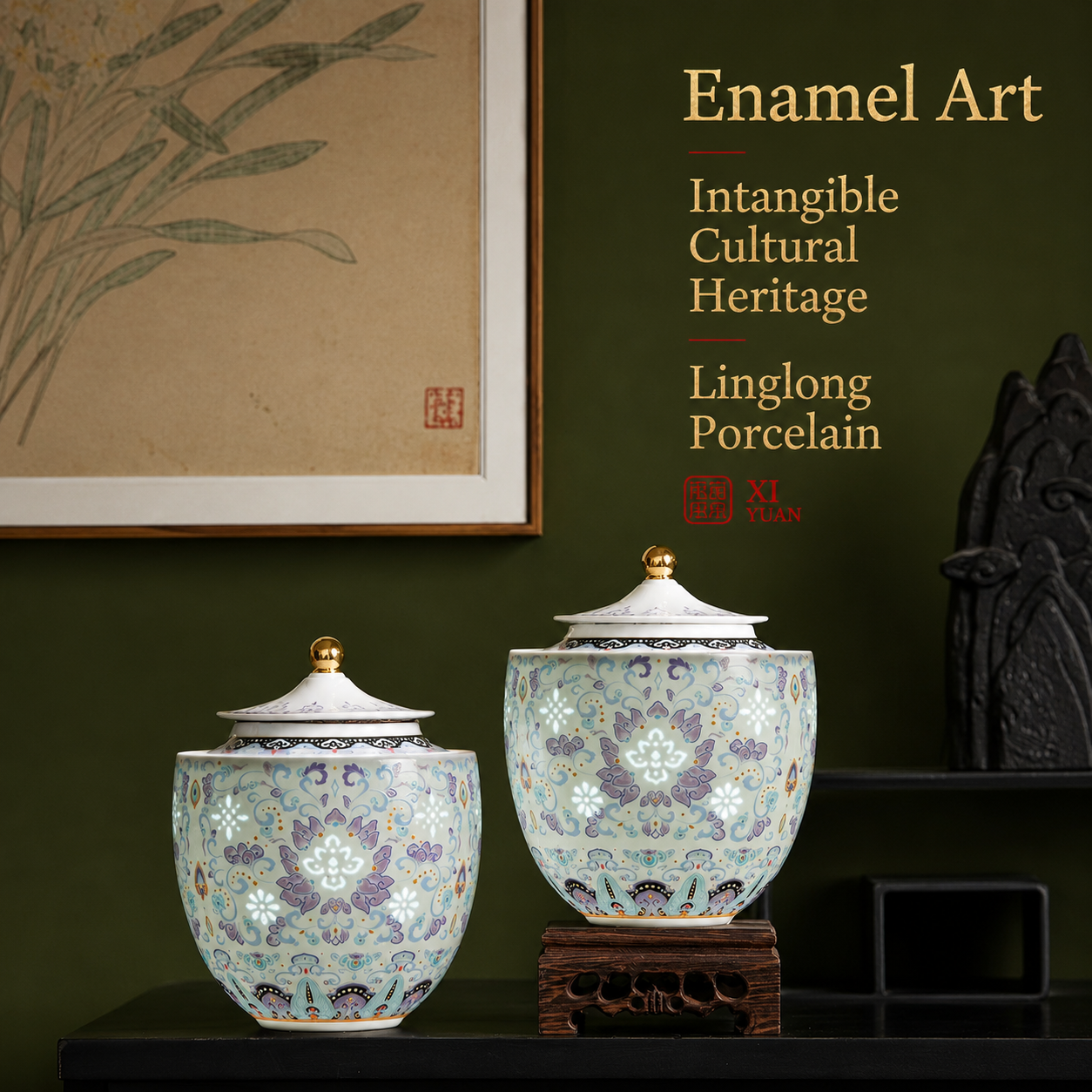 Exquisite Enamel‑Decorated Ceramic Tea Canister (Small size: 750 ml, Large size: 2000 ml)