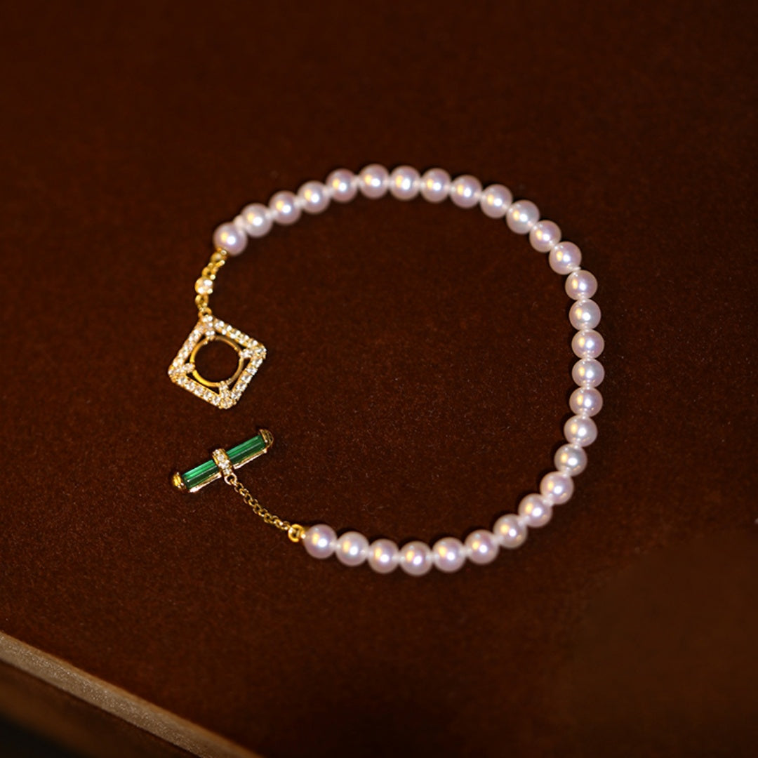 Green Corridor Limited Edition! 4-5MM Top Bead Bracelet - Natural Pearl & Green Agate Sterling Silver OT Clasp