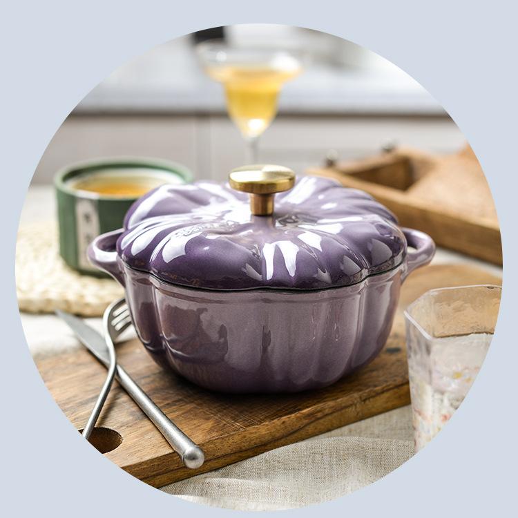 Purple Gradient Pumpkin-Shaped Enamel Pot with White Interior