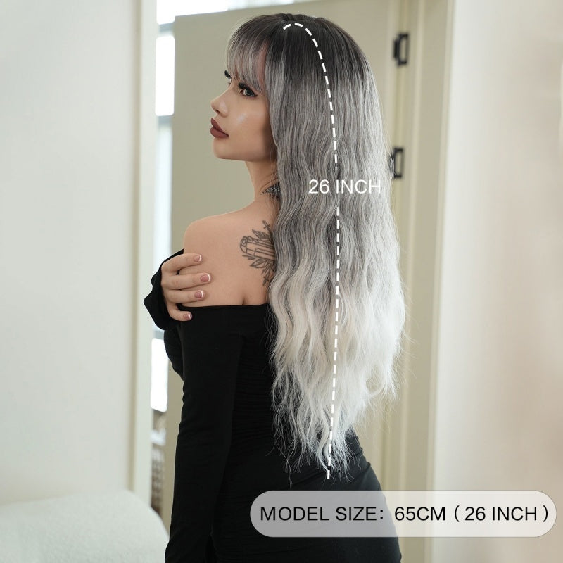 Dual Tone Elegance Black Gray and Light Pink Long Wigs