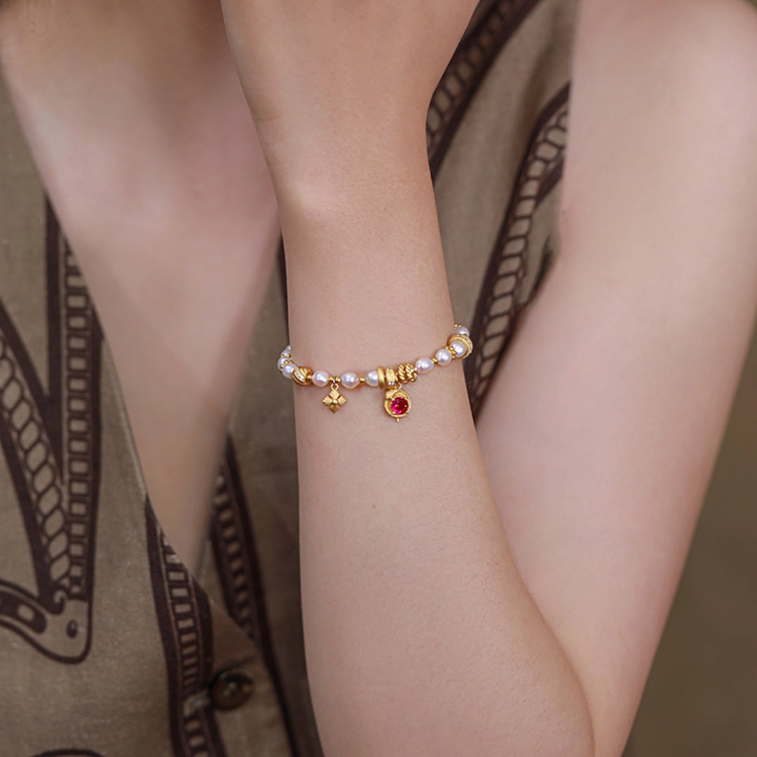 Fortune's Turn New Year Retro Design Natural Pearl & Red Garnet Sterling Silver Bracelet