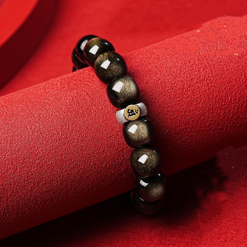 Men Black Obsidian Bracelet - High-End Golden Obsidian and Crystal Beaded Jewelry