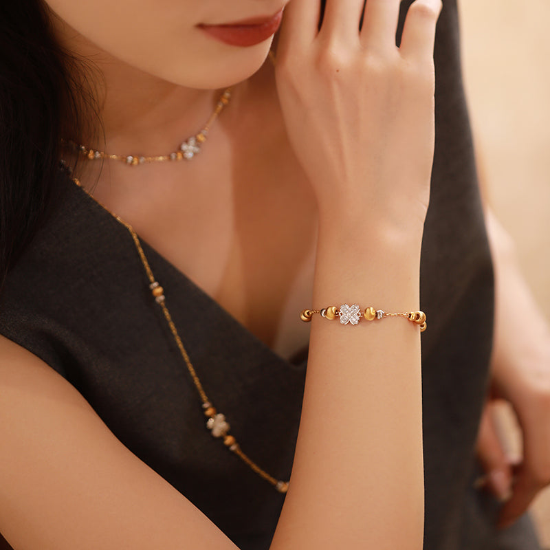 Endless Good Fortune Retro Design High-End Luxury Old Money Style Four-Leaf Clover Brushed Sterling Silver Bracelet