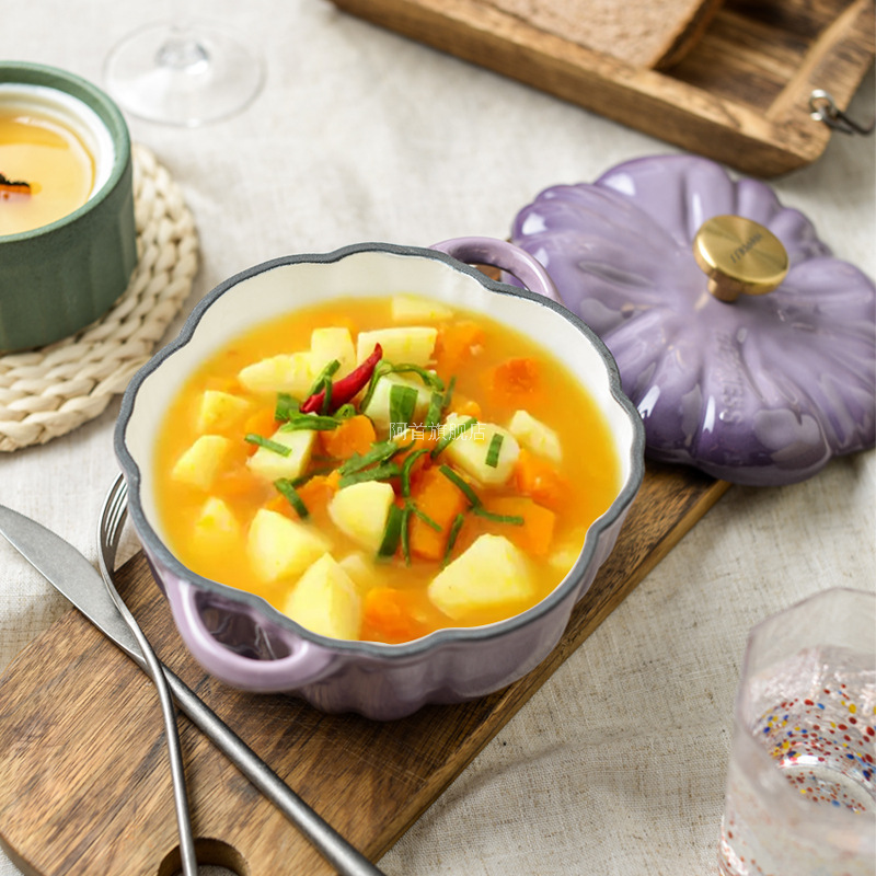 Purple Gradient Pumpkin-Shaped Enamel Pot with White Interior