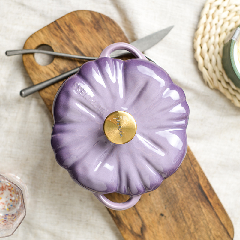 Purple Gradient Pumpkin-Shaped Enamel Pot with White Interior