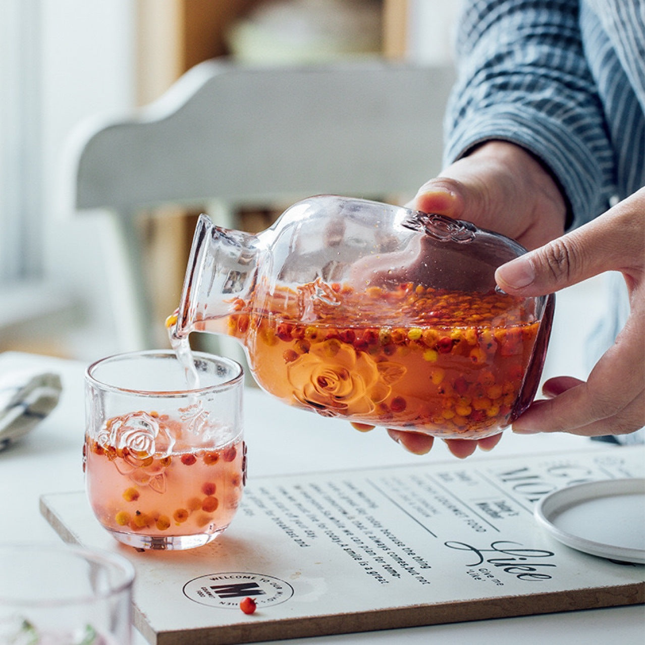 Embossed‑Flower Glass Pitcher & Cup 2‑Piece Set