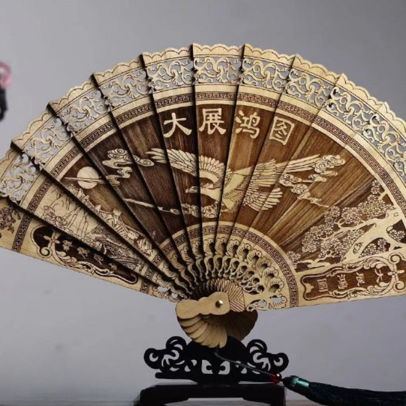 Handmade Chinese Suzhou Fan with Natural Golden Nanmu Wood Base Artisan Craft