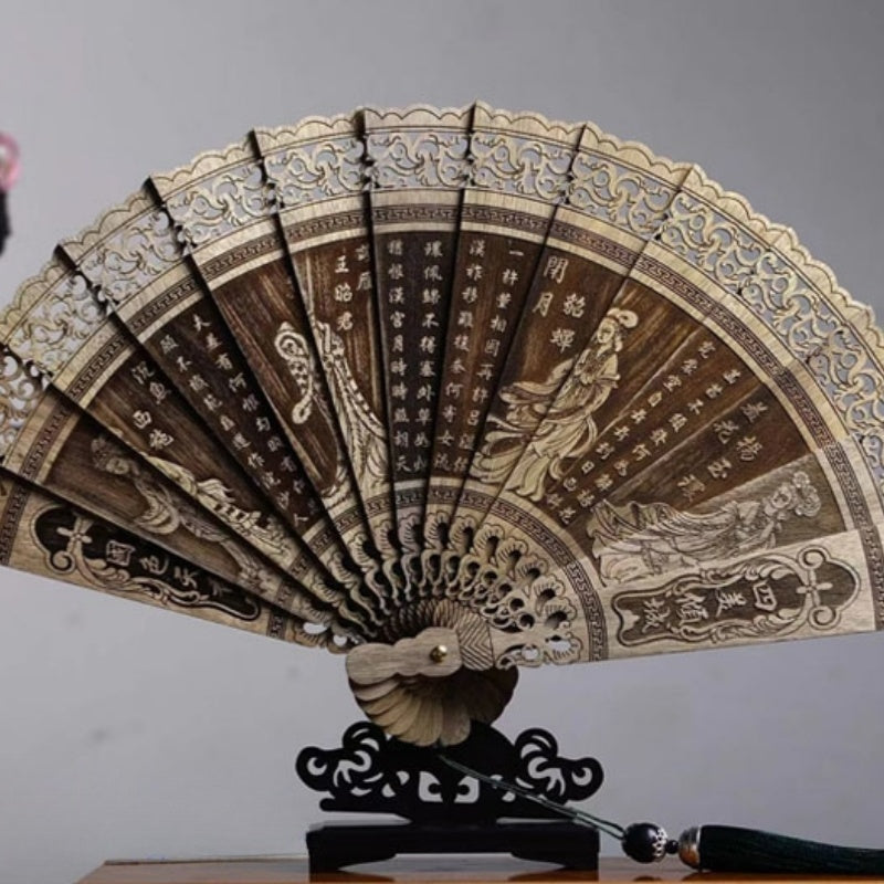 Handmade Chinese Suzhou Fan with Natural Golden Nanmu Wood Base Artisan Craft