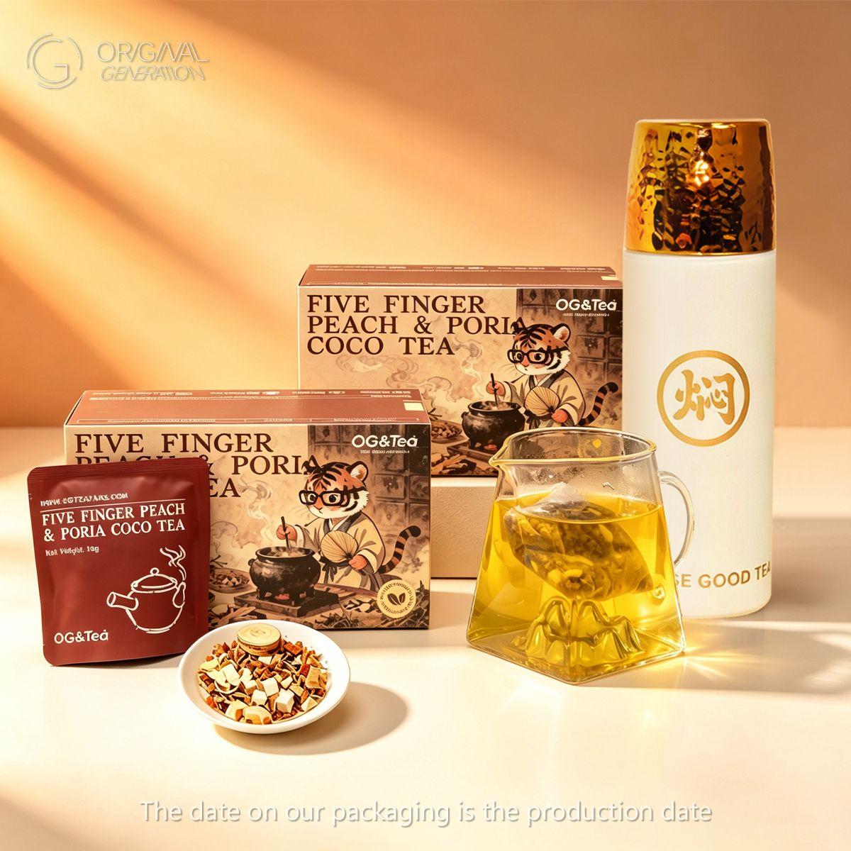 BOGO Anti Inflammation Tea  With Free Pressure Thermos Five Fingered Peach And Pu'er Poria Coco Tea 2Cartons  (100g 10g×10packs) Caffeine Free Tea