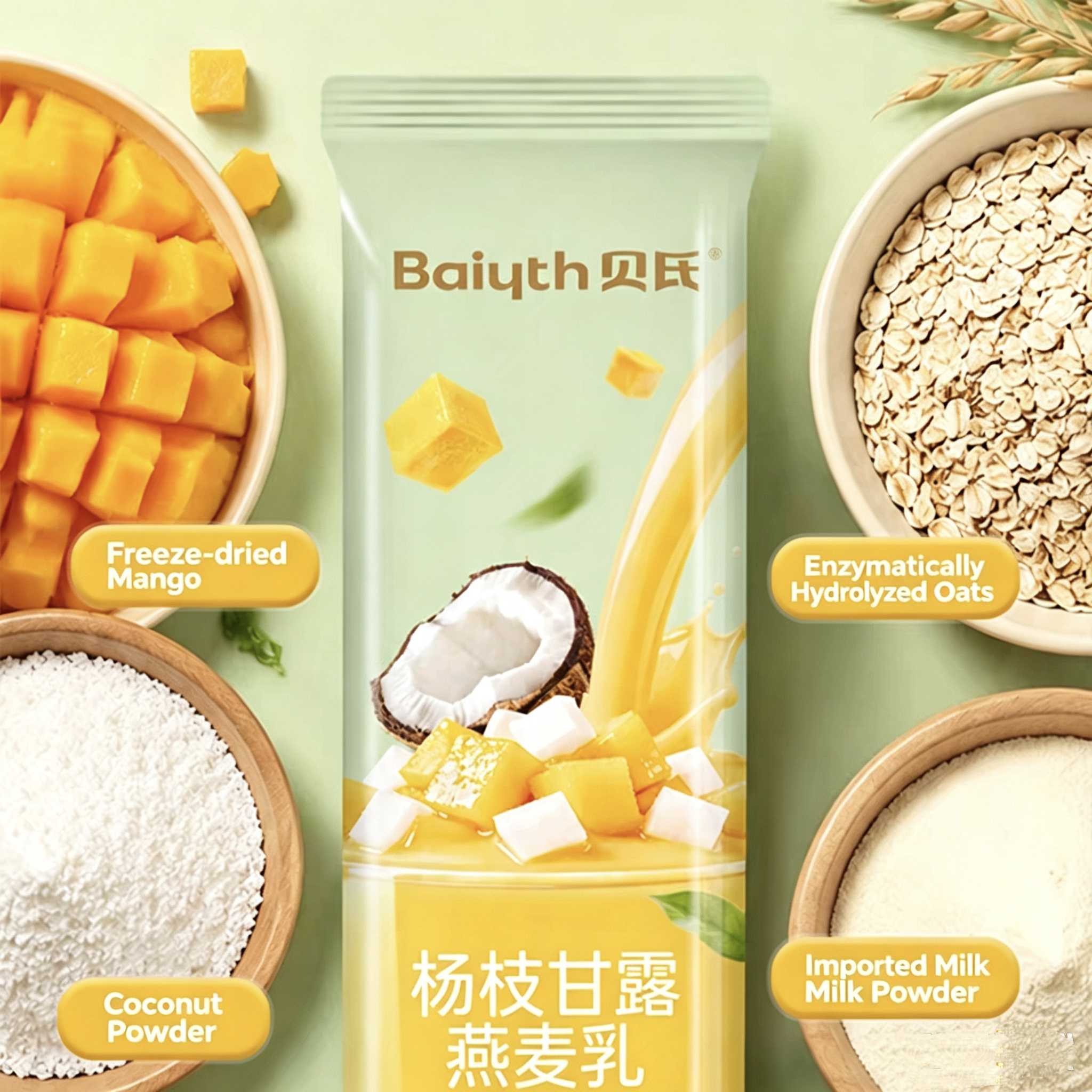 Mango‑Pomelo‑Sago Oat Milk Instant Cereal, Low‑Sugar‑Friendly, Hot & Cold Brew, Single‑Serve Sachets, Filling Meal‑Replacement Drink