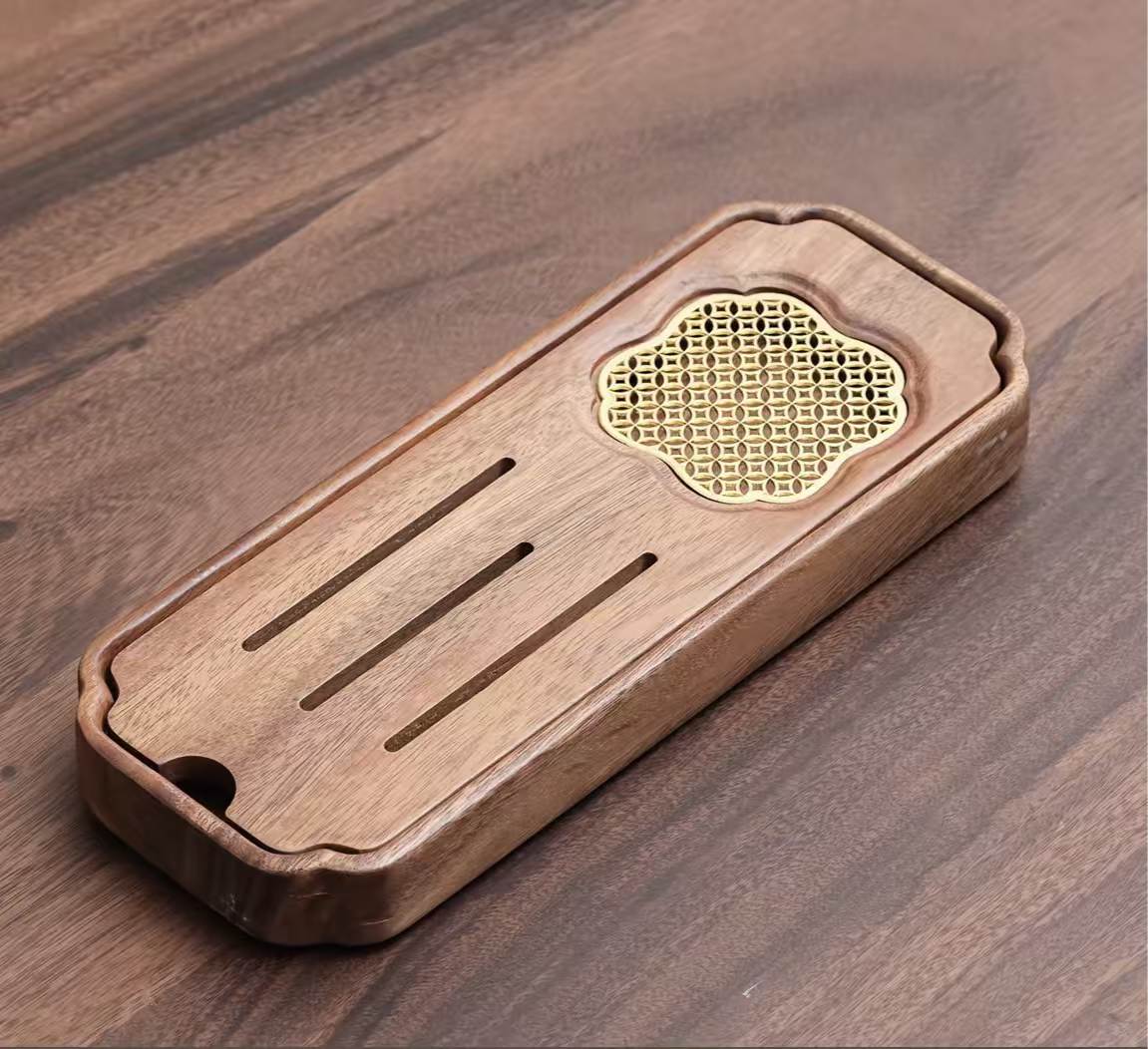 Fu Mantang Solid Walnut‑Wood Reservoir‑Style Gongfu Tea Tray（38cm*15cm*4cm）