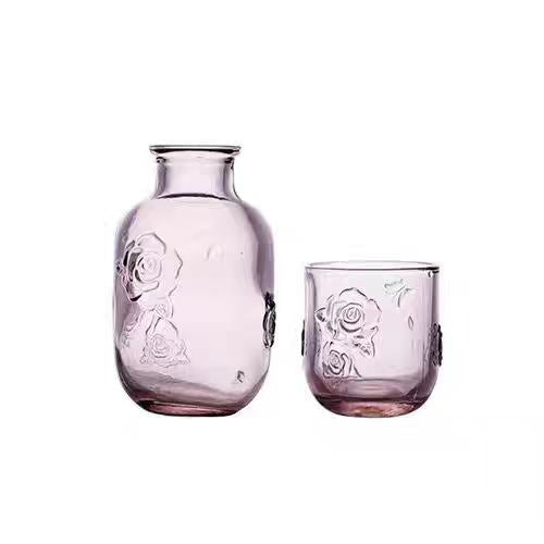 Embossed‑Flower Glass Pitcher & Cup 2‑Piece Set