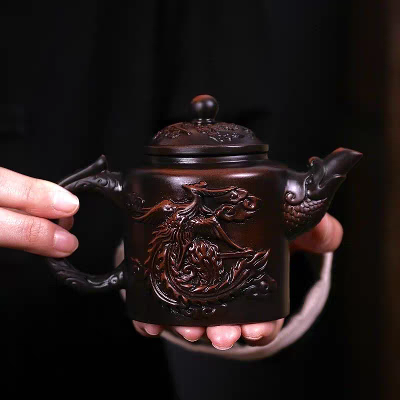 Zitao Embossed Dragon‑Phoenix Auspicious Whistling Teapot 240ml