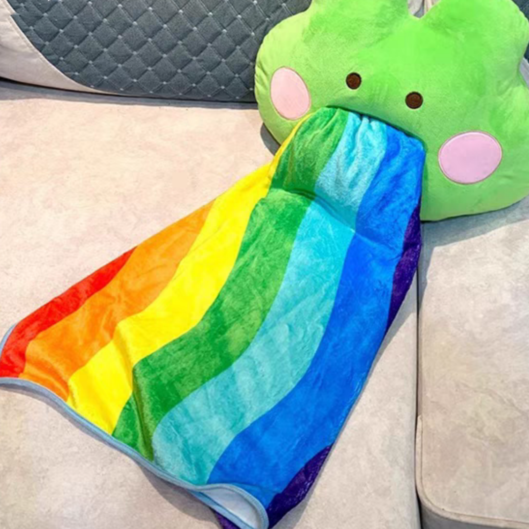 #127 Rainbow Vomiting Frog 2 in 1 Flannel Pillow And Blanket