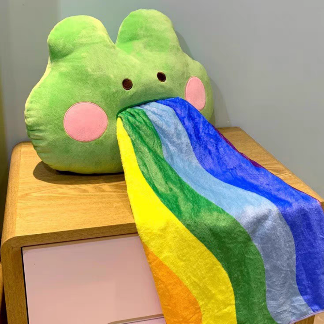 #127 Rainbow Vomiting Frog 2 in 1 Flannel Pillow And Blanket