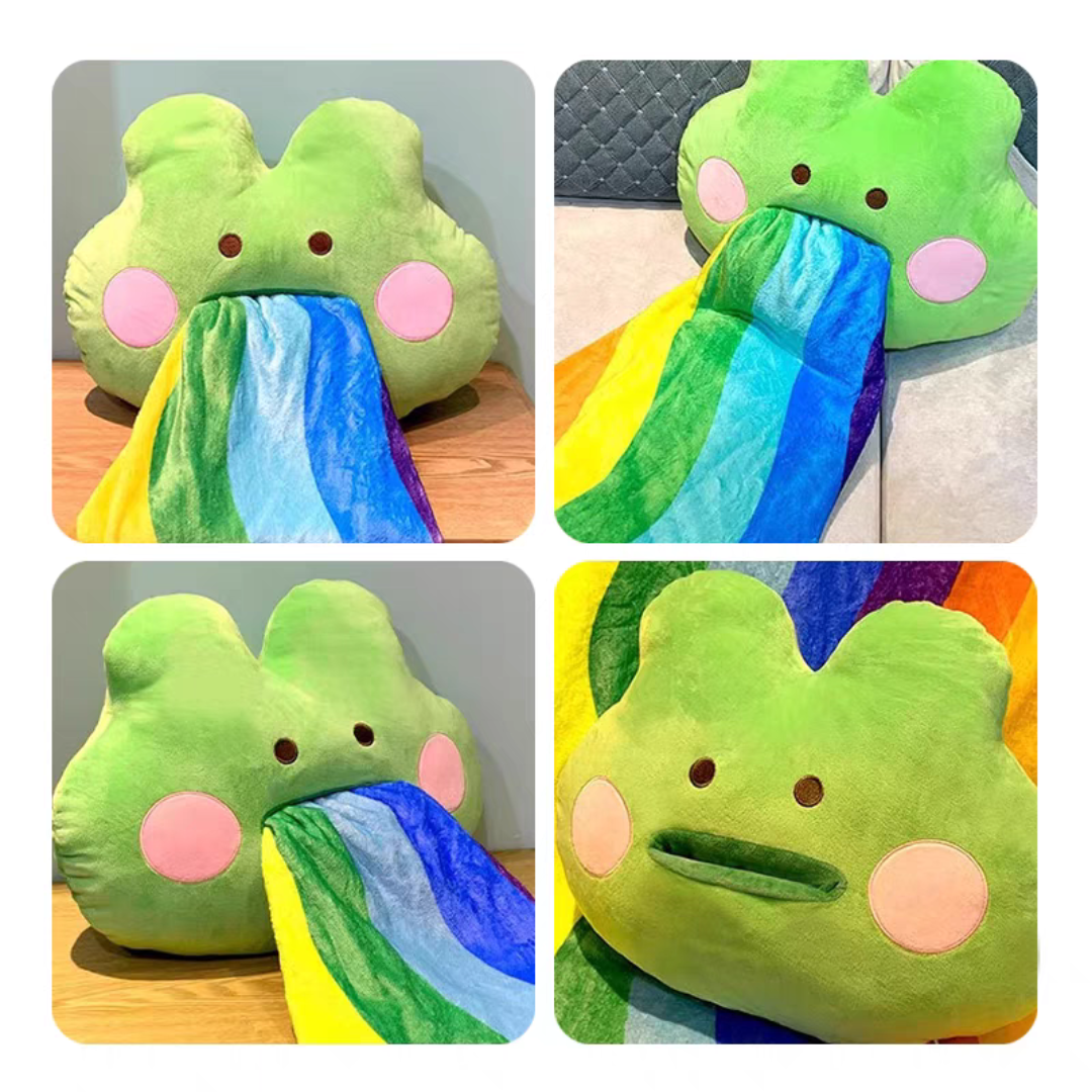 #127 Rainbow Vomiting Frog 2 in 1 Flannel Pillow And Blanket