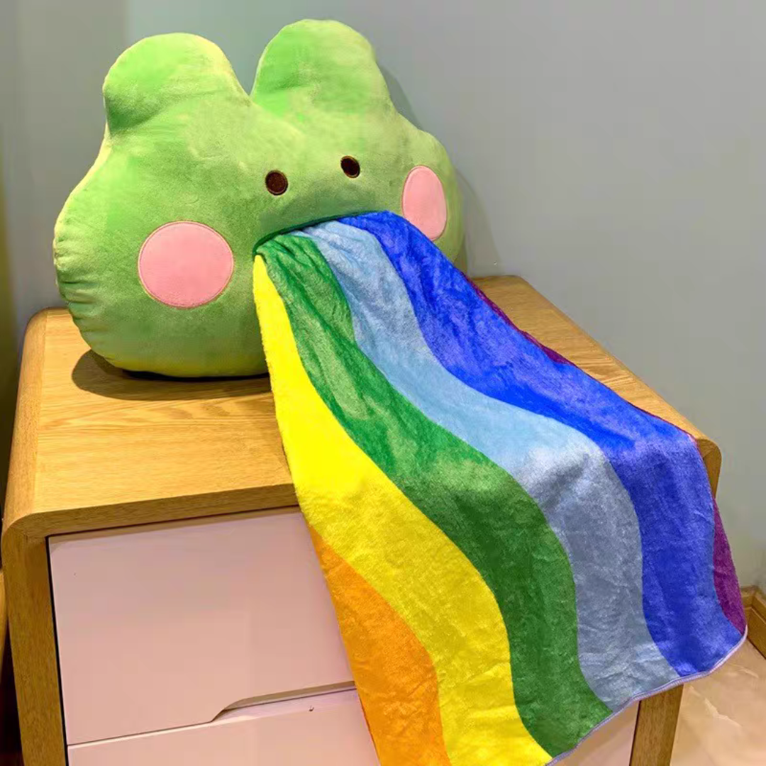 #127 Rainbow Vomiting Frog 2 in 1 Flannel Pillow And Blanket